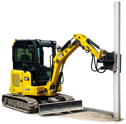 Konstrukcje sadownicze — montaż słupów betonowych chwytakiem na minikoparce Lublin